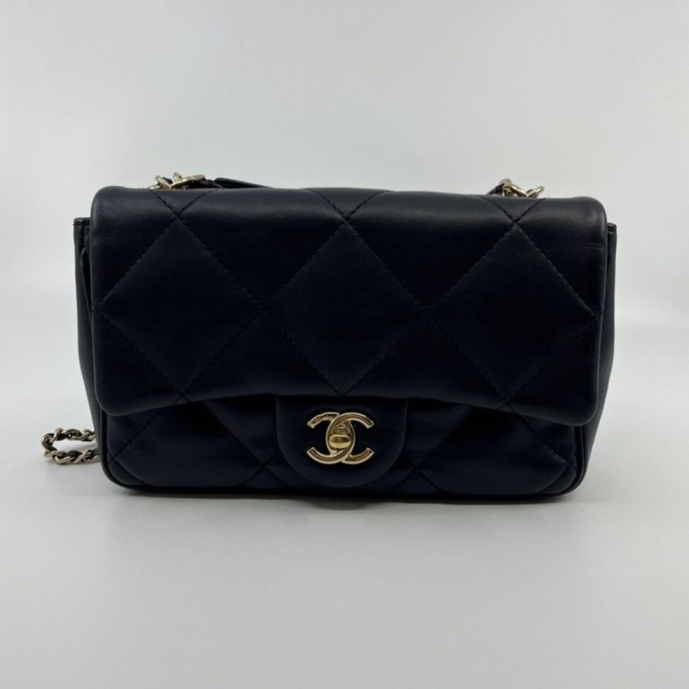 Chanel navy lambskin two flap top handle bag
